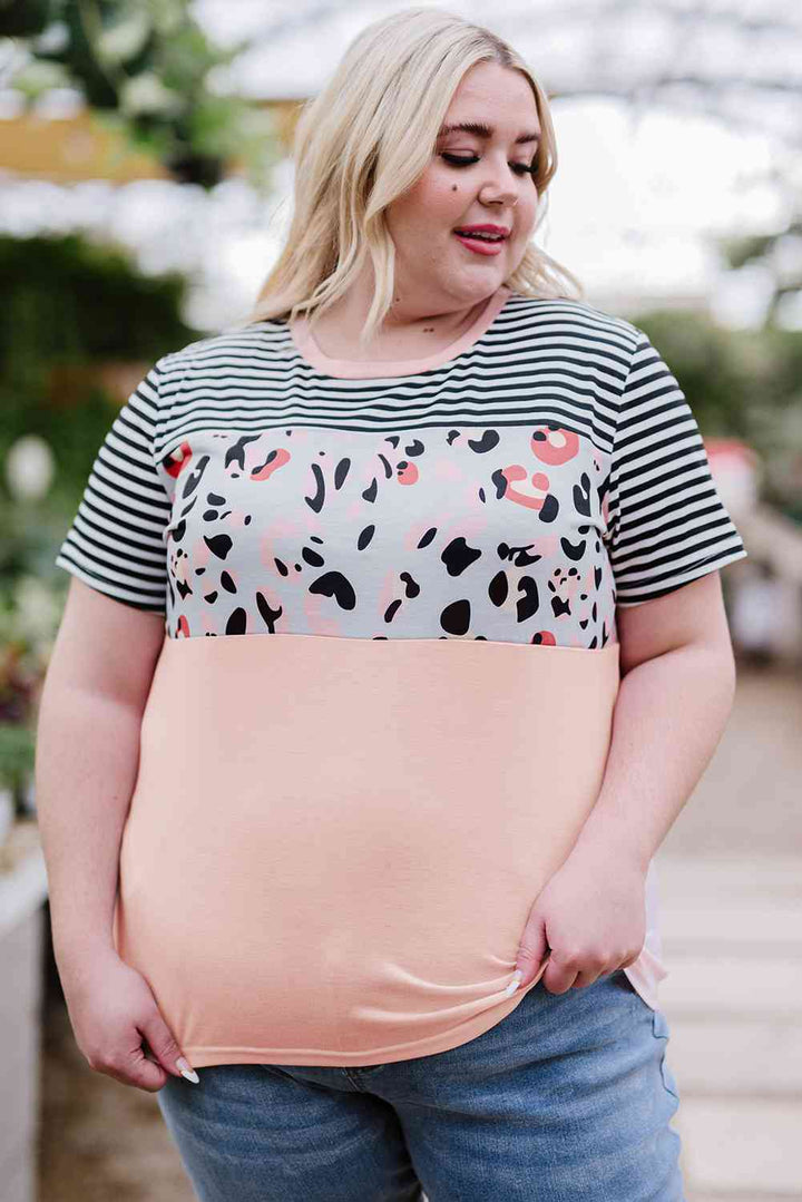 Plus Size Mixed Print Color Block T-Shirt | 1mrk.com