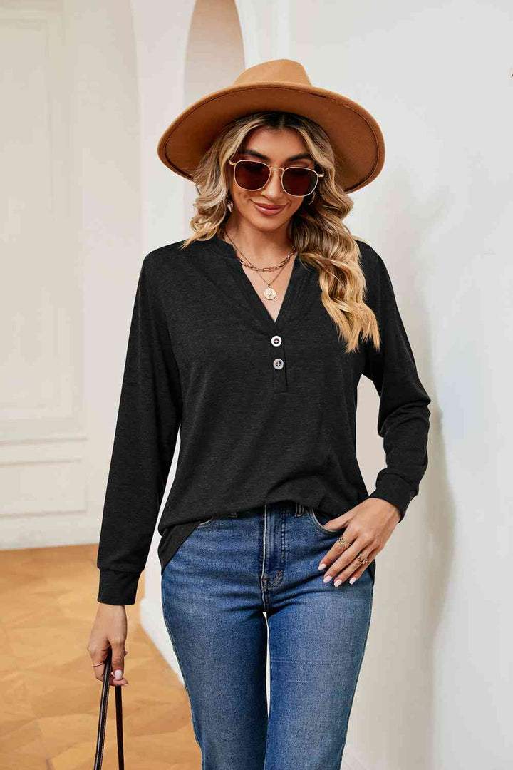 Buttoned Notched Neck Long Sleeve Top | 1mrk.com