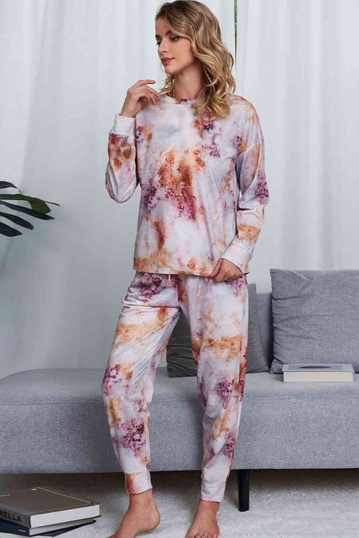 Tie-Dye Crewneck Top and Drawstring Waist Joggers Lounge Set | 1mrk.com