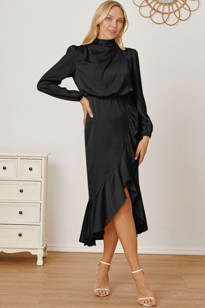 Mock Neck Ruffled Asymmetrical Dress |1mrk.com