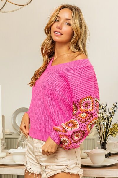 BiBi V-Neck Crochet Long Sleeve Sweater | Trendsi