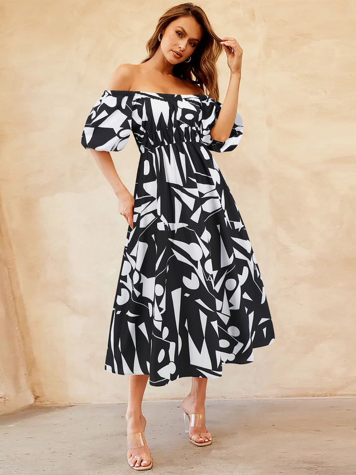 Printed Off-Shoulder Balloon Sleeve Dress | Trendsi