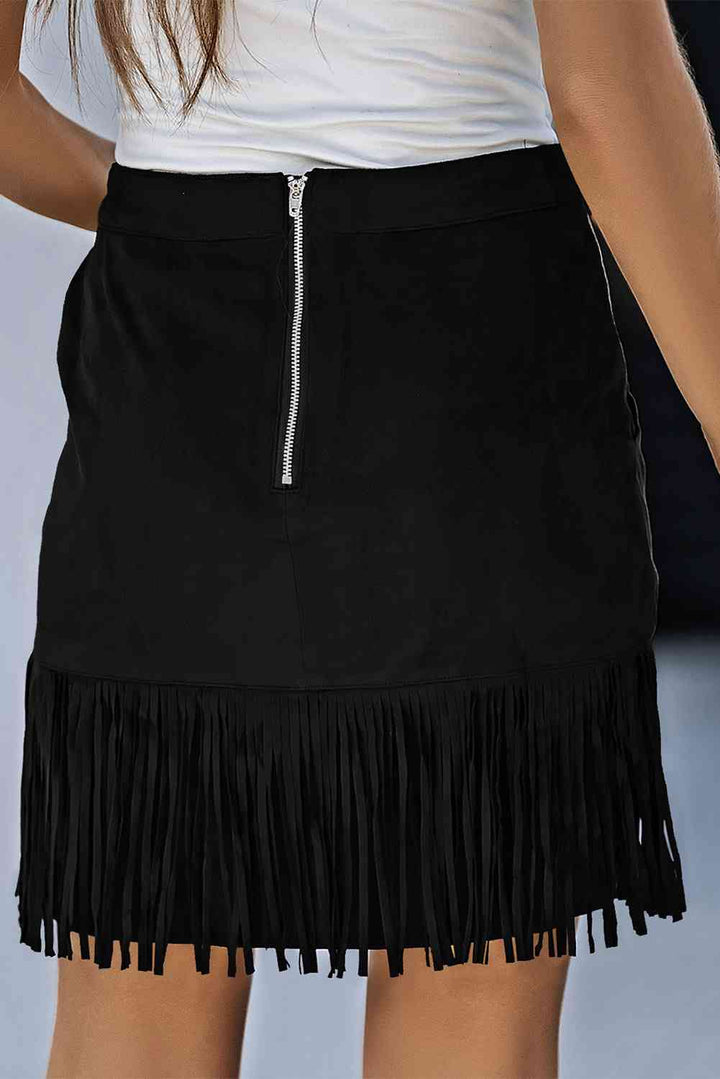 Fringe Detail Zip-Back Skirt with Pockets |1mrk.com