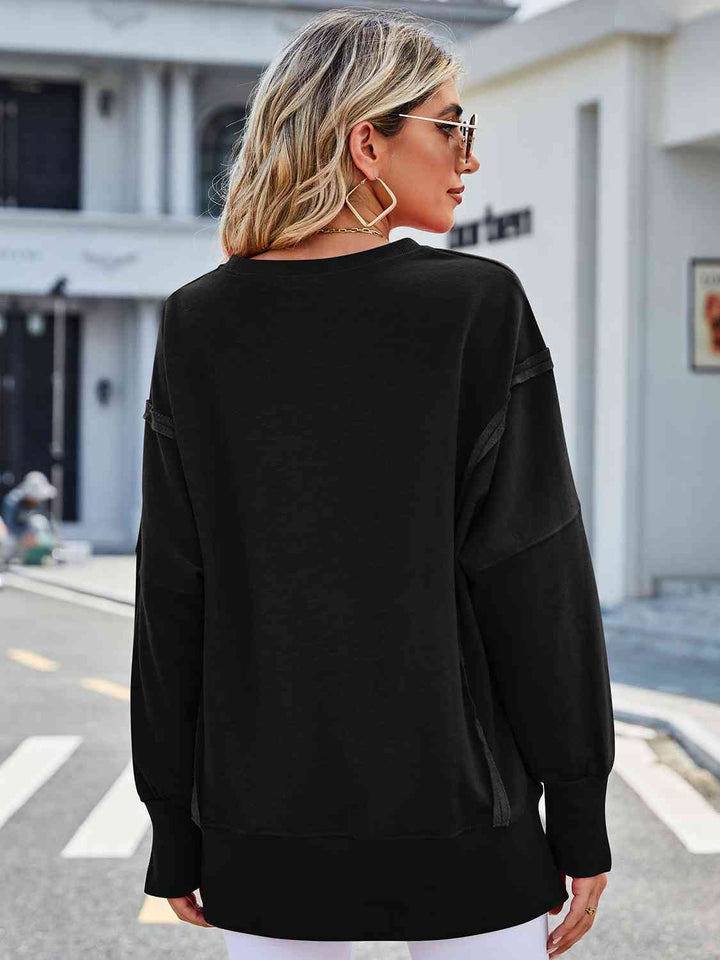 Exposed Seam High-Low Round Neck Sweatshirt |1mrk.com