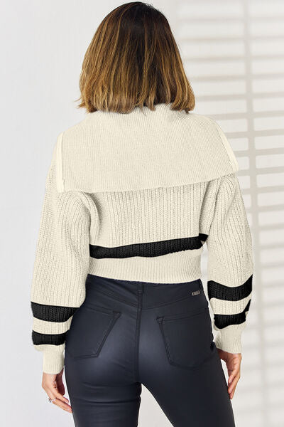 Striped Zip Up Dropped Shoulder Cardigan | Trendsi