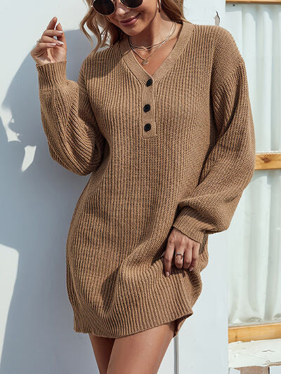 V-Neck Dropped Shoulder Mini Sweater Dress | Trendsi