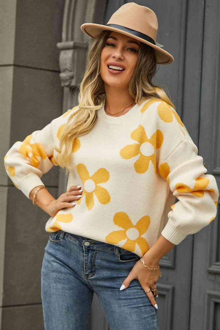 Floral Print Round Neck Dropped Shoulder Pullover Sweater |1mrk.com