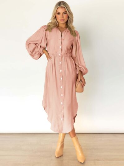 Drawstring Button Up Balloon Sleeve Dress |1mrk.com