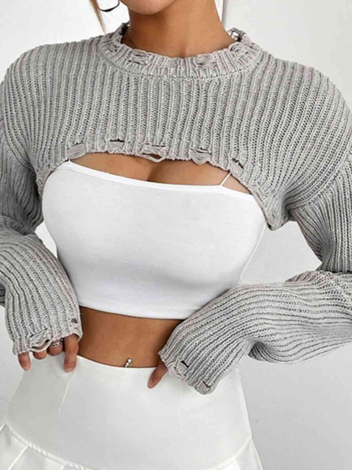 Distressed Long Sleeve Cropped Sweater | 1mrk.com