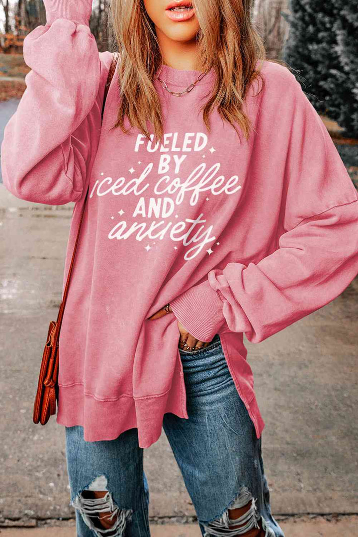 Slogan Graphic Dropped Shoulder Slit Sweatshirt |1mrk.com