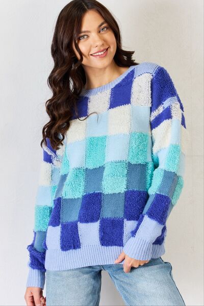 J.NNA Checkered Round Neck Long Sleeve Sweater |1mrk.com