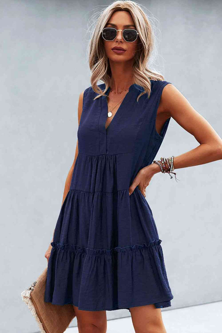 Frill Trim Notched Sleeveless Tiered Dress |1mrk.com