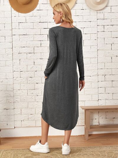 Pocketed Round Neck Long Sleeve Tee Dress | Trendsi