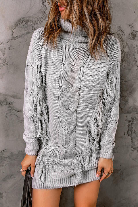 Turtleneck Fringe Detail Sweater Dress |1mrk.com