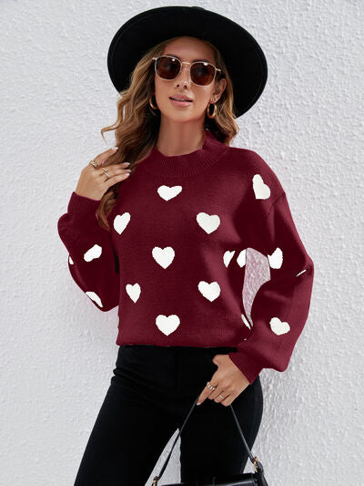 Heart Round Neck Dropped Shoulder Sweater |1mrk.com