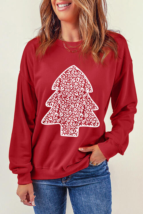 Christmas Tree Graphic Round Neck Sweatshirt |1mrk.com