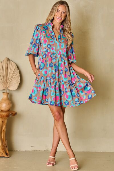 Notched Balloon Sleeve Mini Dress |1mrk.com