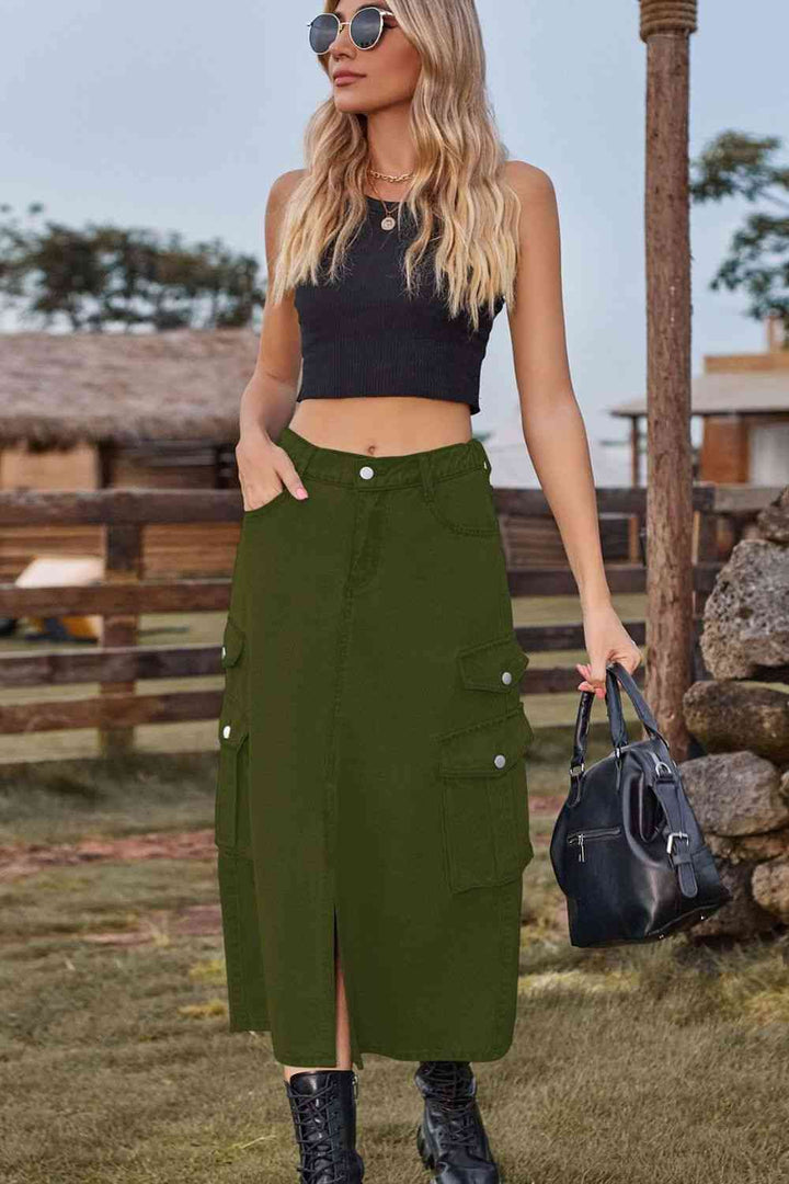Slit Front Midi Denim Skirt with Pockets | 1mrk.com