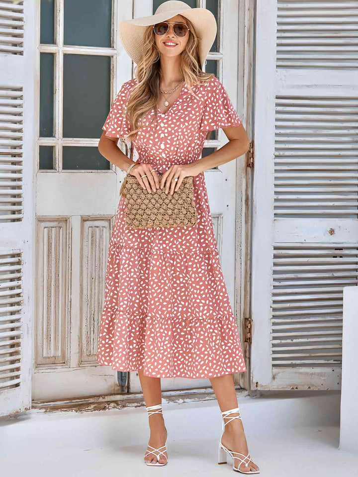 Printed Flutter Sleeve Tiered Dress |1mrk.com