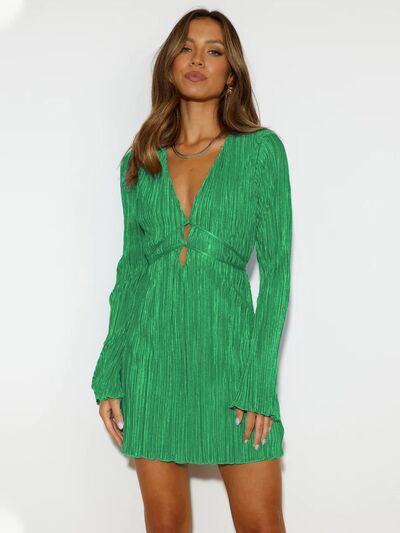 Tied Plunge Flare Sleeve Mini Dress |1mrk.com