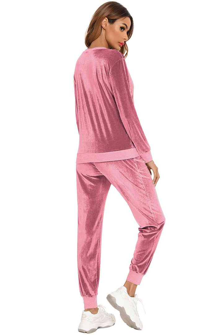 Round Neck Long Sleeve Loungewear Set with Pockets | 1mrk.com