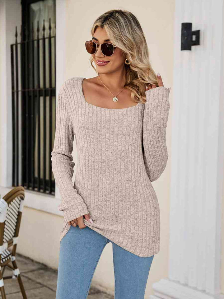 Square Neck Ribbed Long Sleeve T-Shirt | 1mrk.com