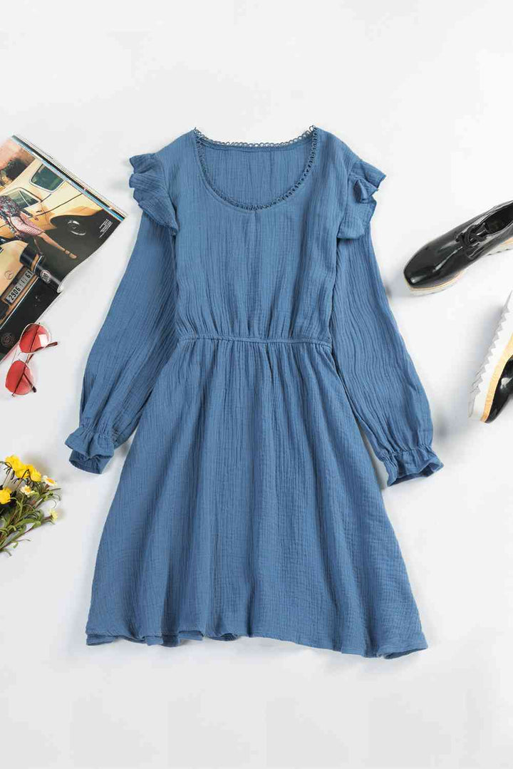 Ruffled V-Neck Flounce Sleeve Textured Dress |1mrk.com