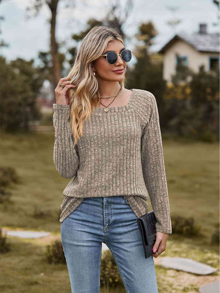 Full Size Ribbed Square Neck Long Sleeve T-Shirt | 1mrk.com