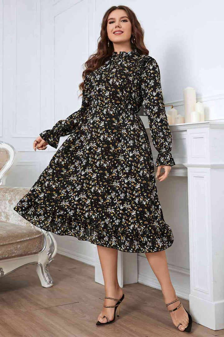 Melo Apparel Plus Size Floral Flounce Sleeve Midi Dress |1mrk.com