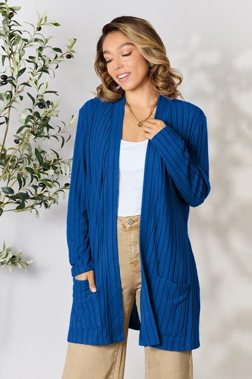 Basic Bae Full Size Ribbed Open Front Cardigan with Pockets | Trendsi