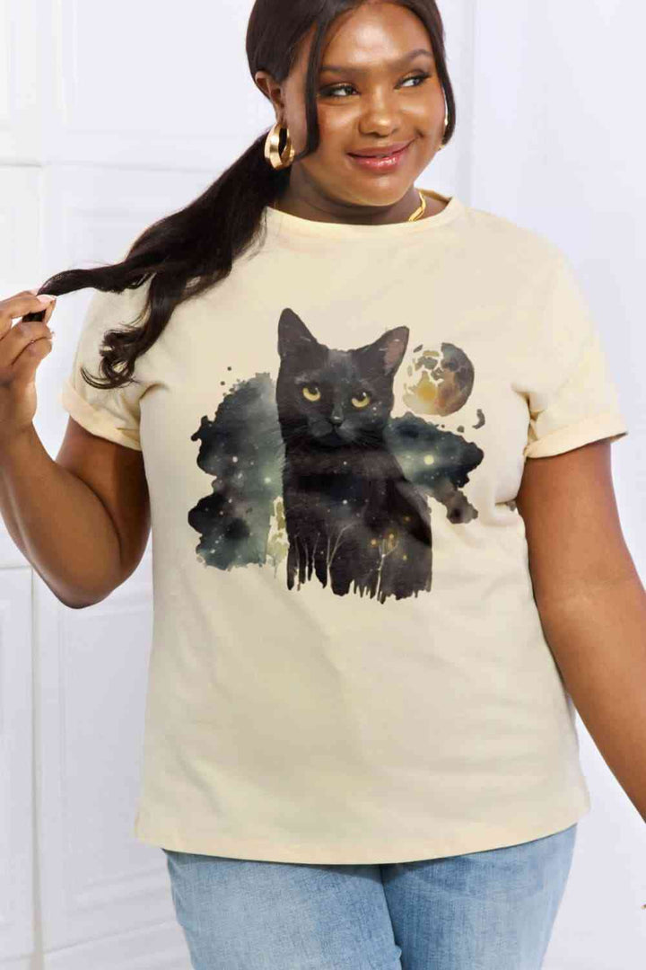 Simply Love Full Size Black Cat Graphic Cotton Tee | 1mrk.com