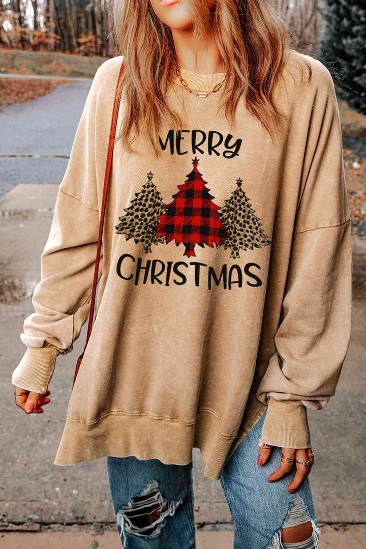 MERRY CHRISTMAS Graphic Slit Drop Shoulder Sweatshirt |1mrk.com