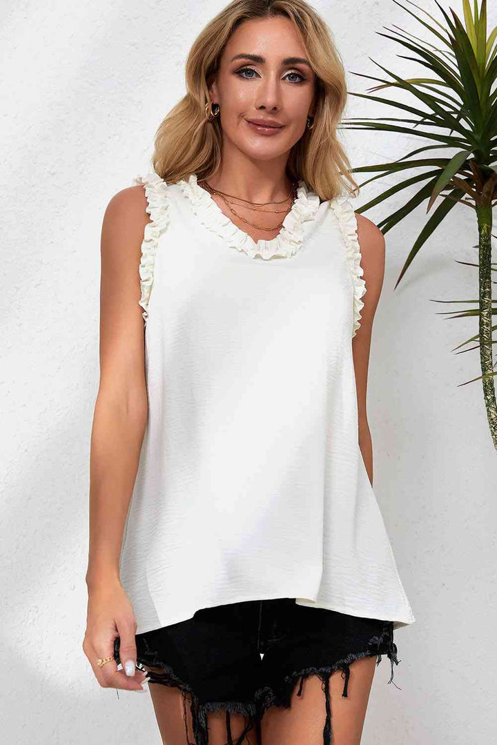 Frilled Trim V-Neck Textured Tank | 1mrk.com