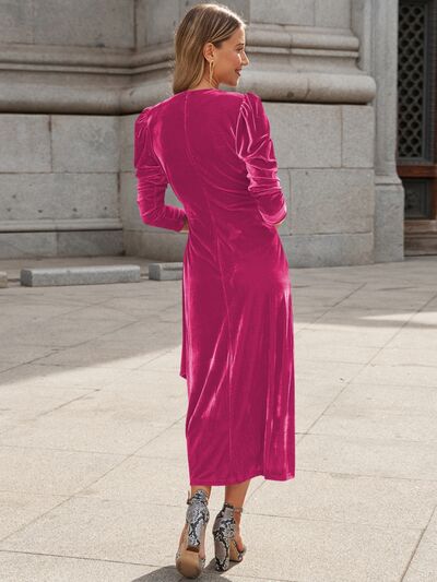 Surplice Puff Sleeve Midi Dress |1mrk.com