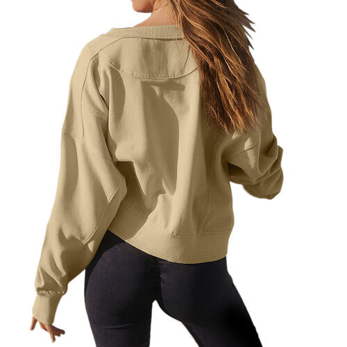 Round Neck Drop Shoulder Long Sleeve Sweatshirt |1mrk.com