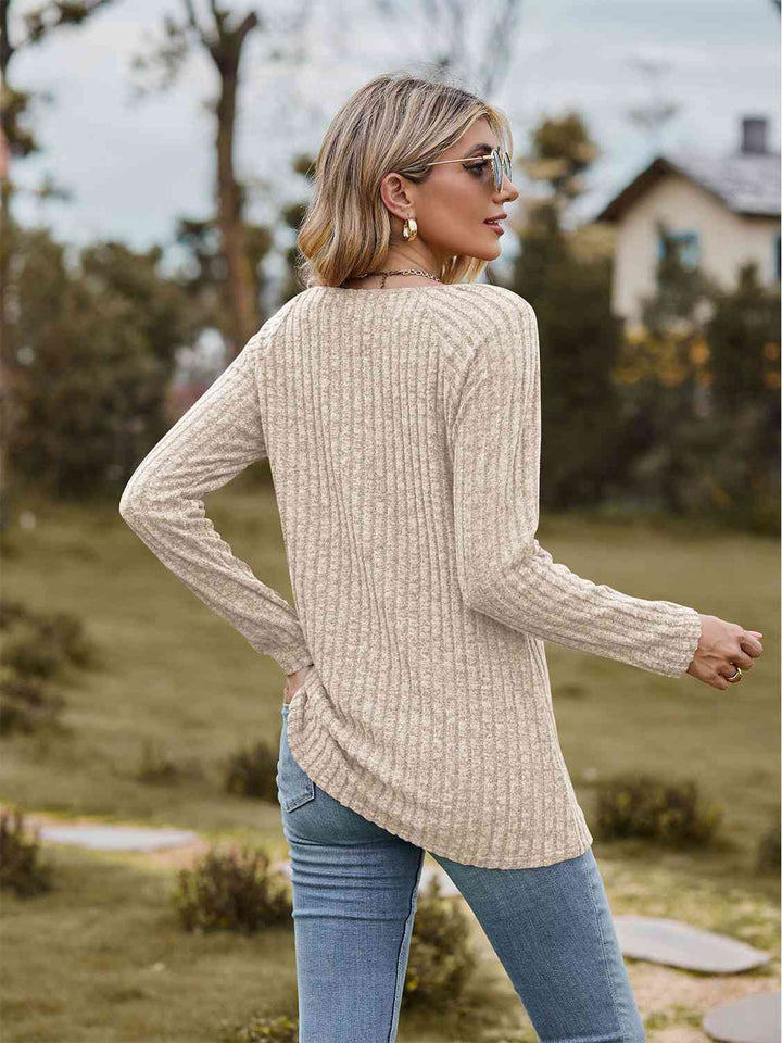 Full Size Ribbed Square Neck Long Sleeve T-Shirt | 1mrk.com