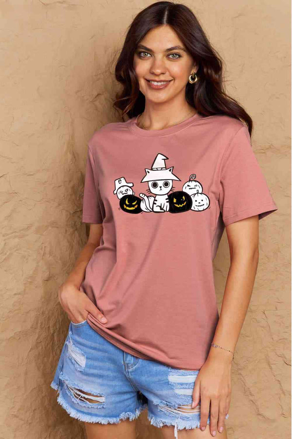 Simply Love Full Size Cat & Pumpkin Graphic Cotton T-Shirt | 1mrk.com