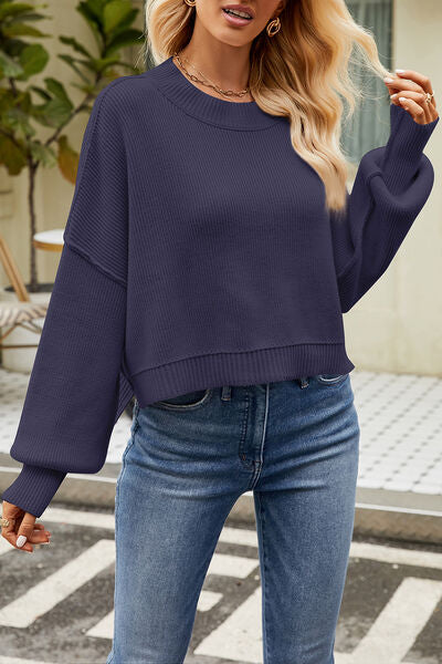 Round Neck Dropped Shoulder Sweater |1mrk.com