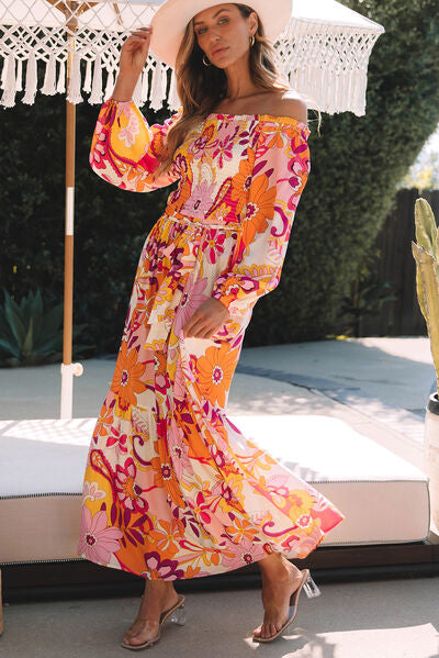 Printed Off-Shoulder Balloon Sleeve Maxi Dress |1mrk.com