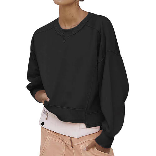 Round Neck Drop Shoulder Long Sleeve Sweatshirt |1mrk.com