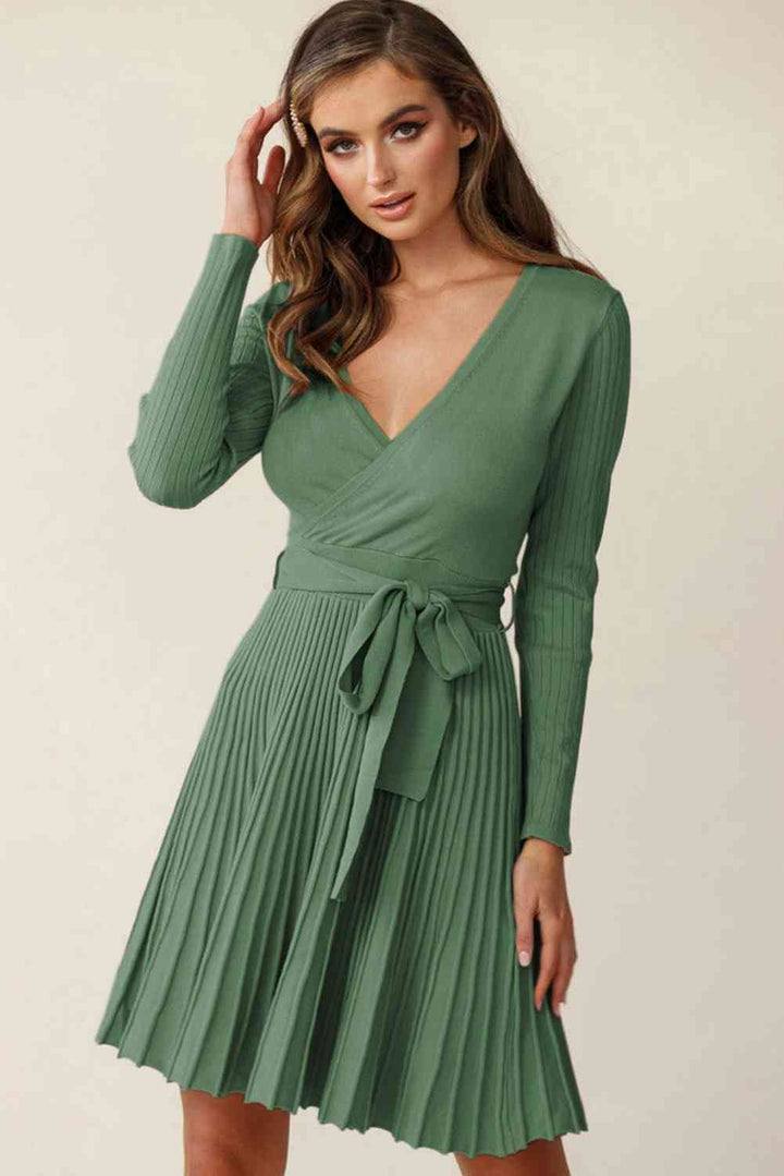 Surplice Neck Tie Waist Pleated Dress |1mrk.com