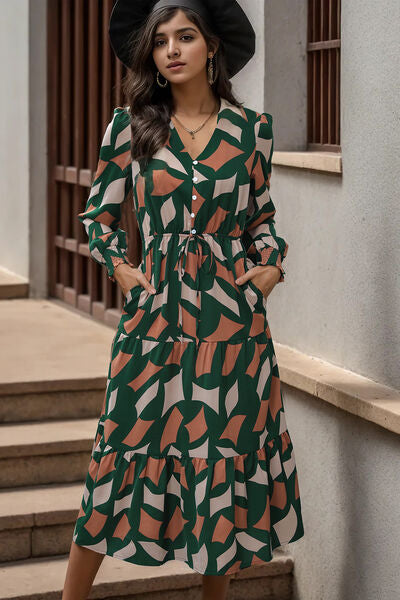 Printed Tied Pocketed Lantern Sleeve Dress | 1mrk.com