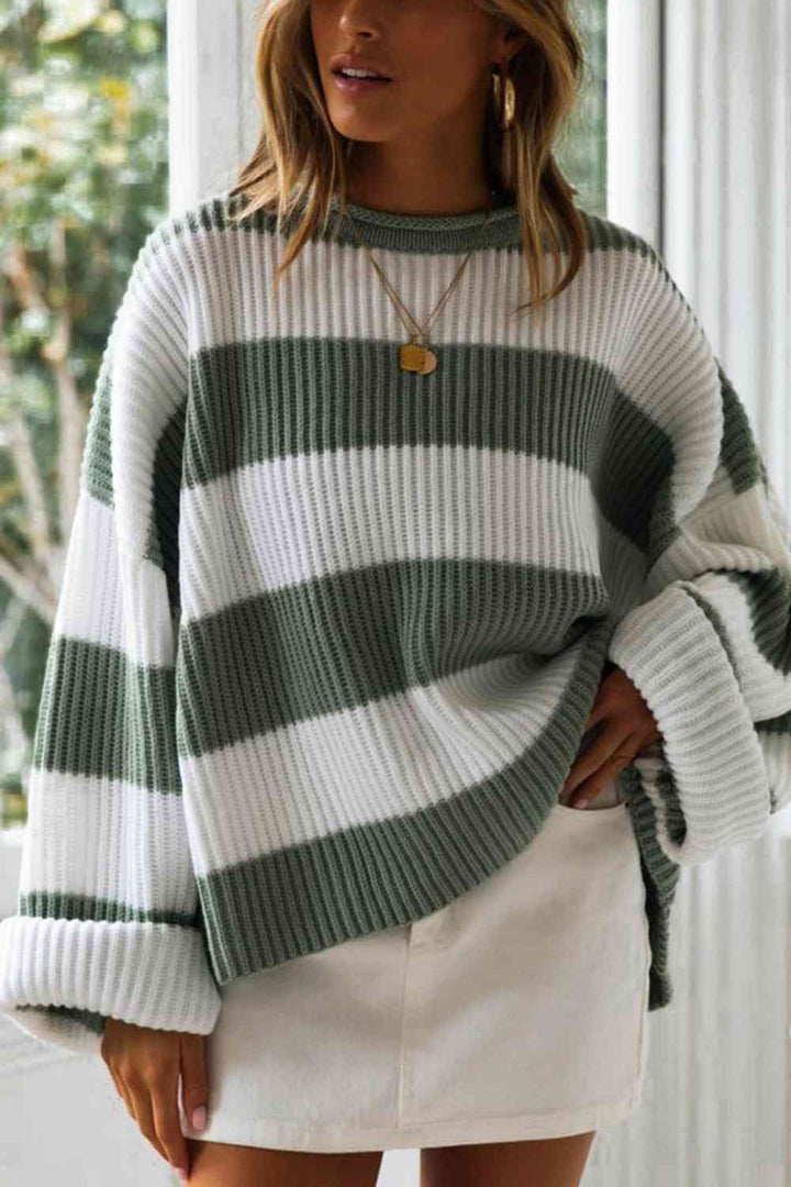 Striped Round Neck Long Sleeve Sweater | 1mrk.com
