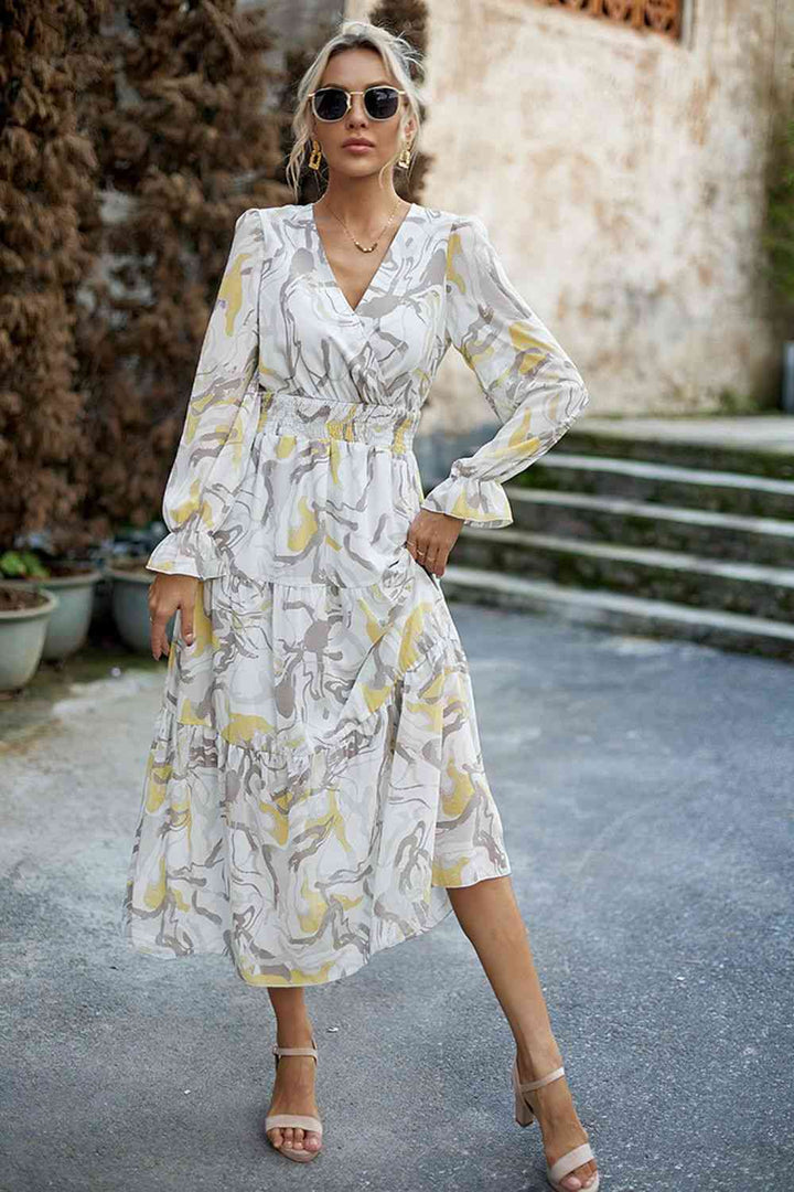 Printed Surplice Neck Flounce Sleeve Midi Dress |1mrk.com