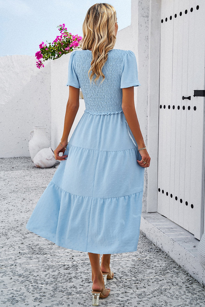 Swiss Dot Short Sleeve Smocked Dress | Trendsi