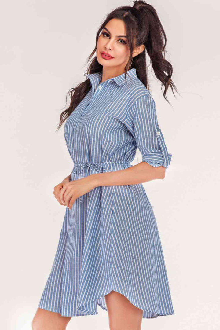 Full Size Striped Quarter-Button Roll-Tab Sleeve Shirt Dress |1mrk.com