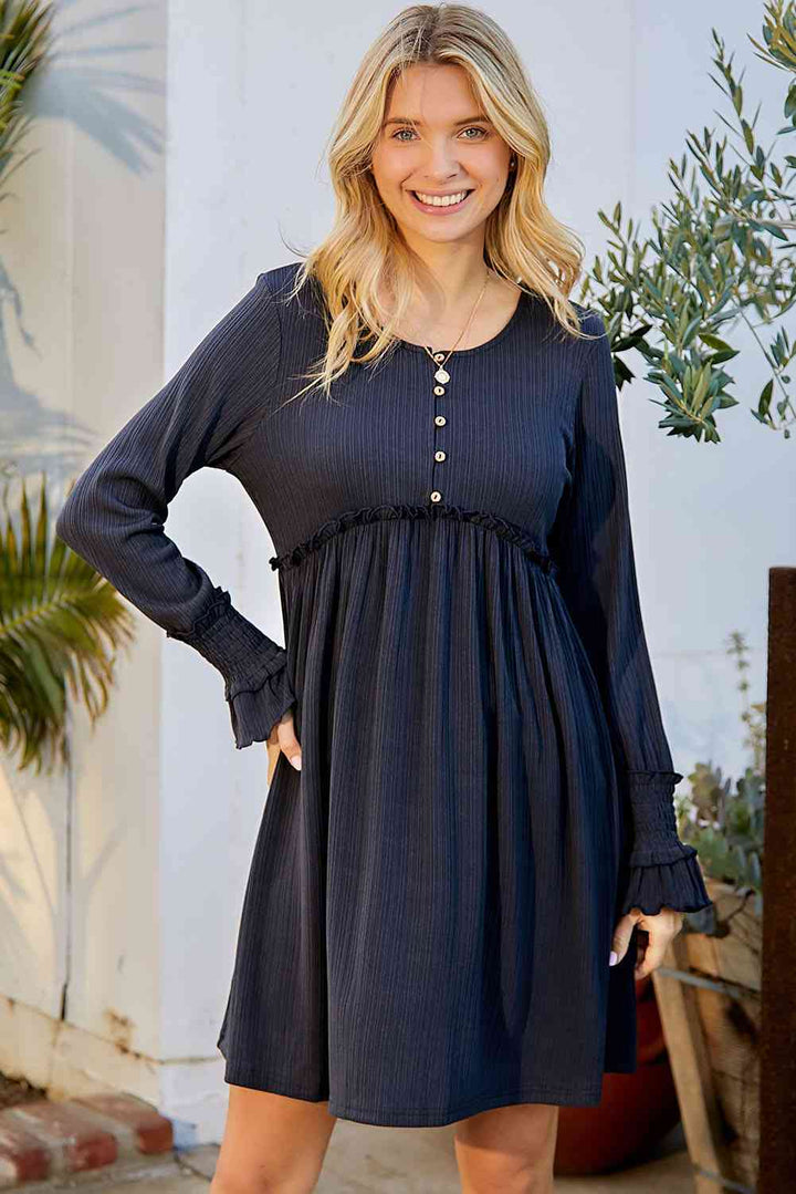 Buttoned Frill Trim Flounce Sleeve Babydoll Dress |1mrk.com