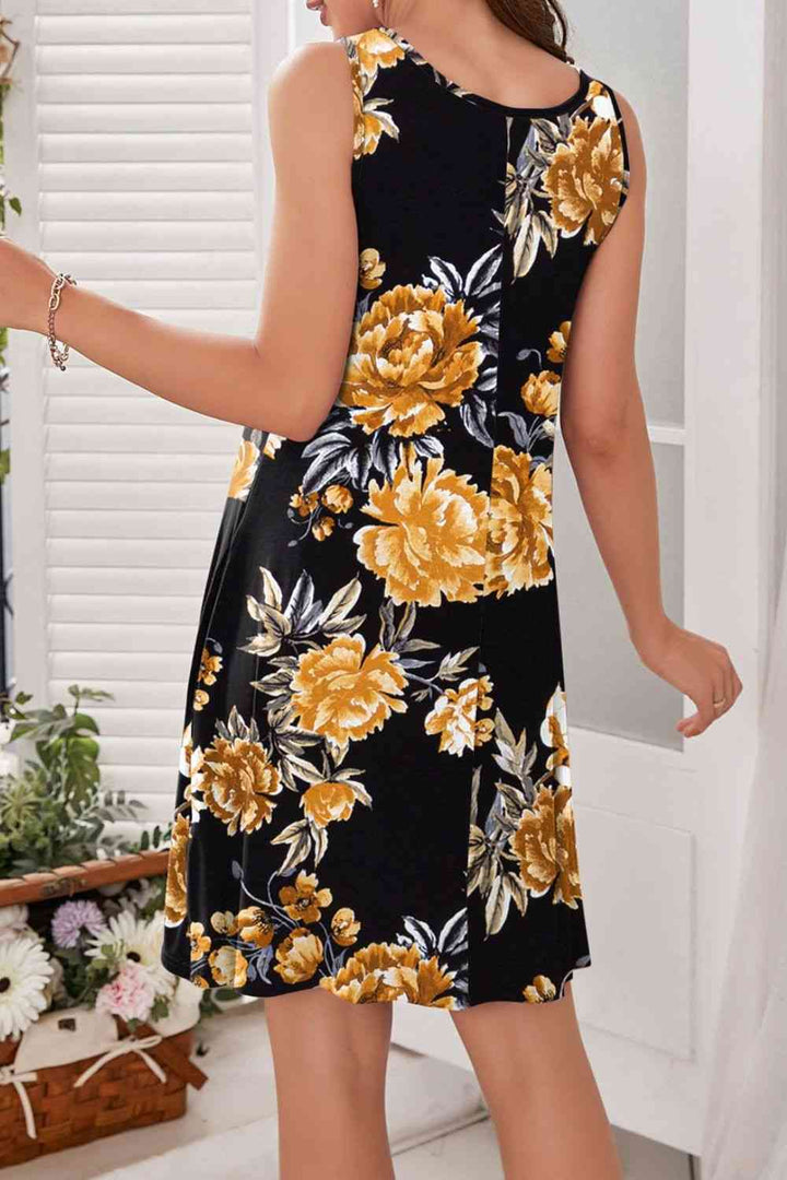 Printed Round Neck Sleeveless Dress |1mrk.com