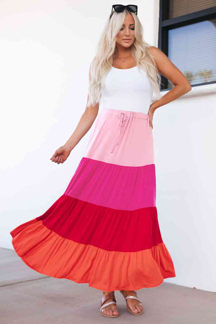 Color Block Tiered Maxi Skirt |1mrk.com