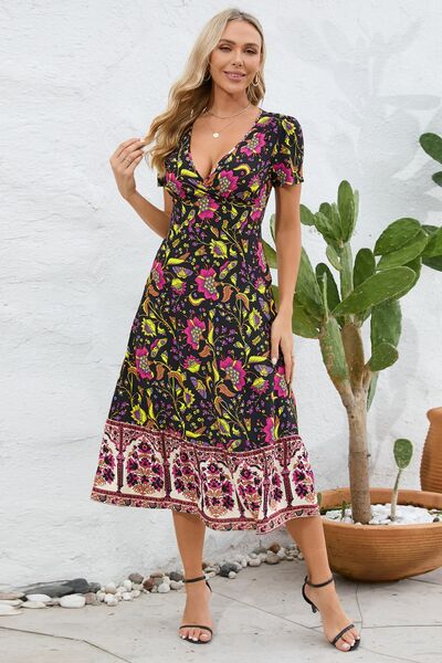 Printed Surplice Short Sleeve Dress |1mrk.com